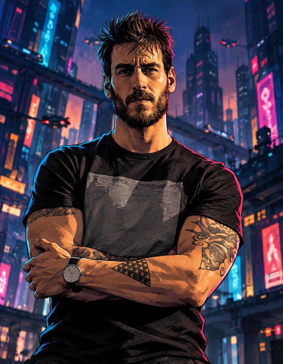 Morgan Rosenblum illustrated in RAMGOD’s character art style, arms crossed with his tattoos visible against New City.