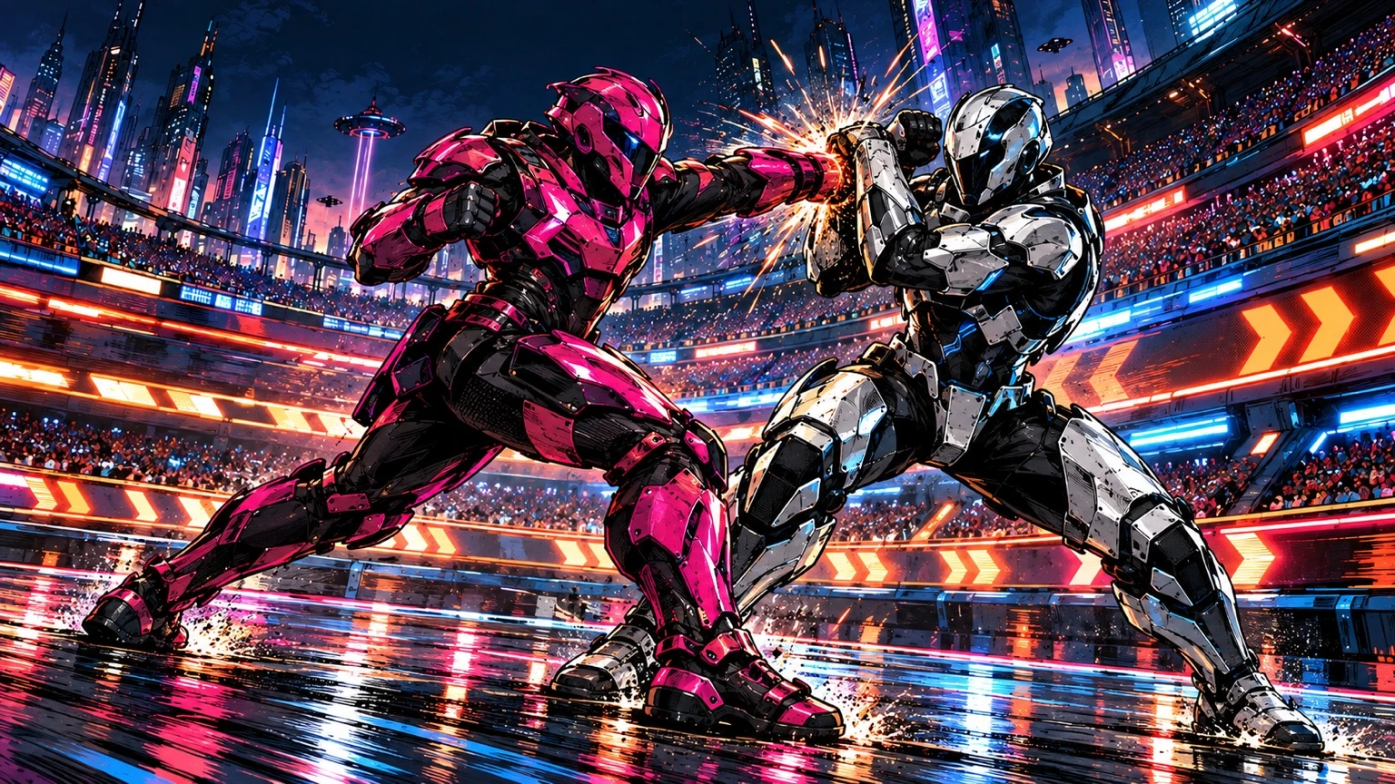 Armored RAMGOD competitors in combat
