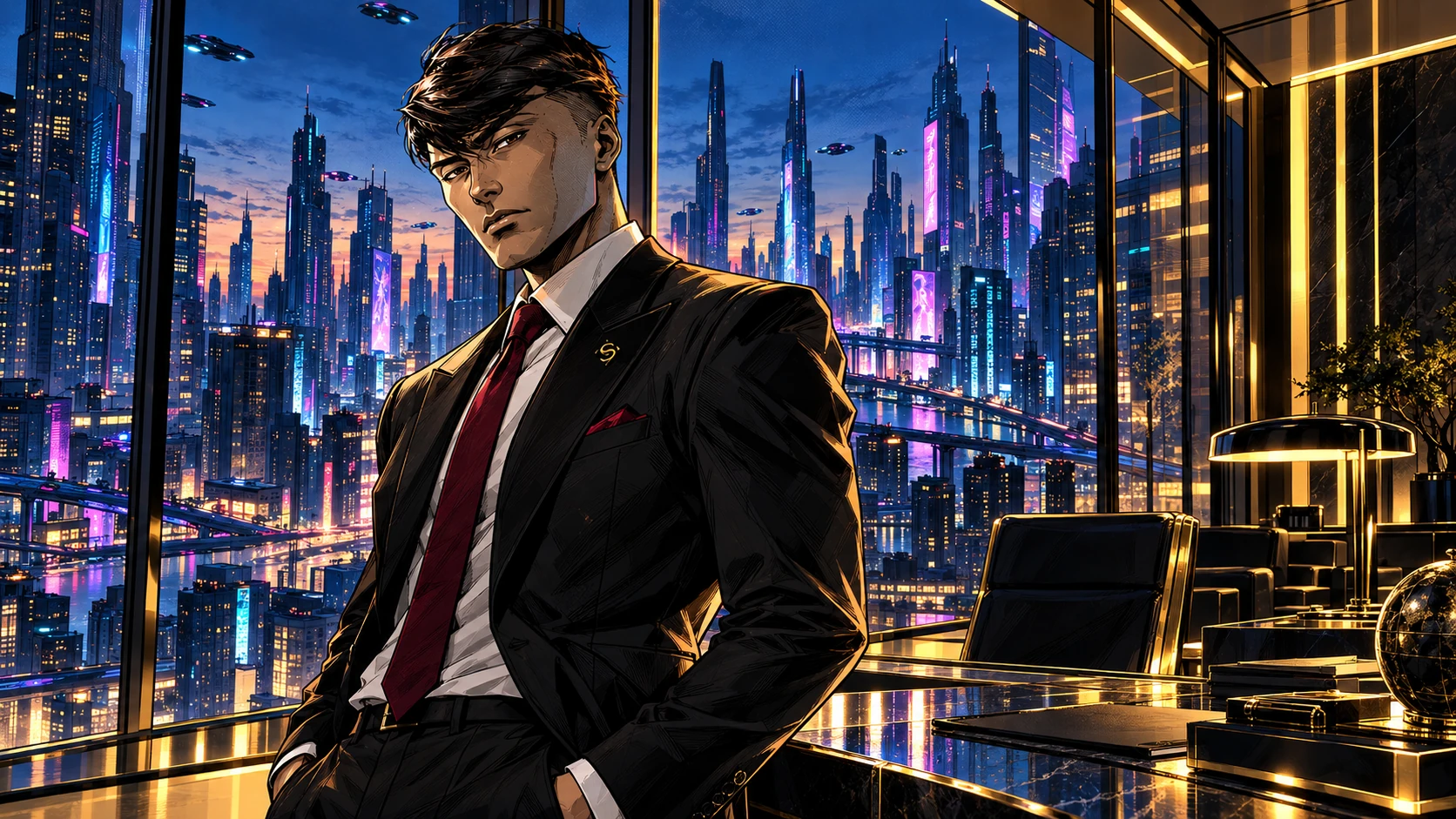 Declan Holloway in his black suit and burgundy tie, overlooking New City from a gold-lit corporate office.